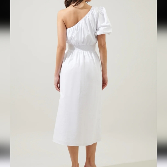 Sugarlips Bridgette One Shoulder Balloon Sleeve Poplin Midi Dress Size Small - Picture 2 of 12
